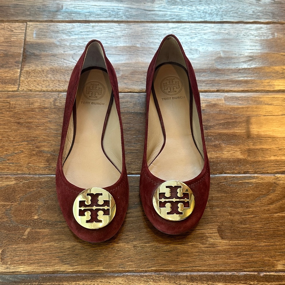 Tory Burch Women's Deep Red Flats with Gold Accents
